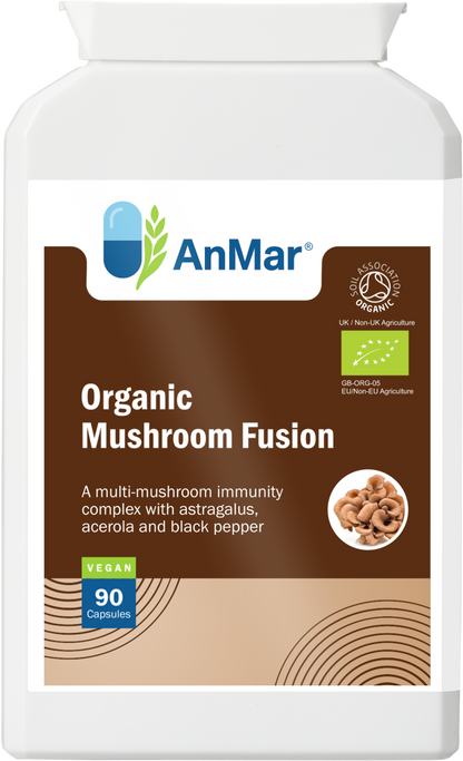Front label of AnMar™ Organic Mushroom Fusion supplement bottle with 90 vegan capsules, featuring certified organic ingredients including mushrooms, astragalus, acerola, and black pepper.
