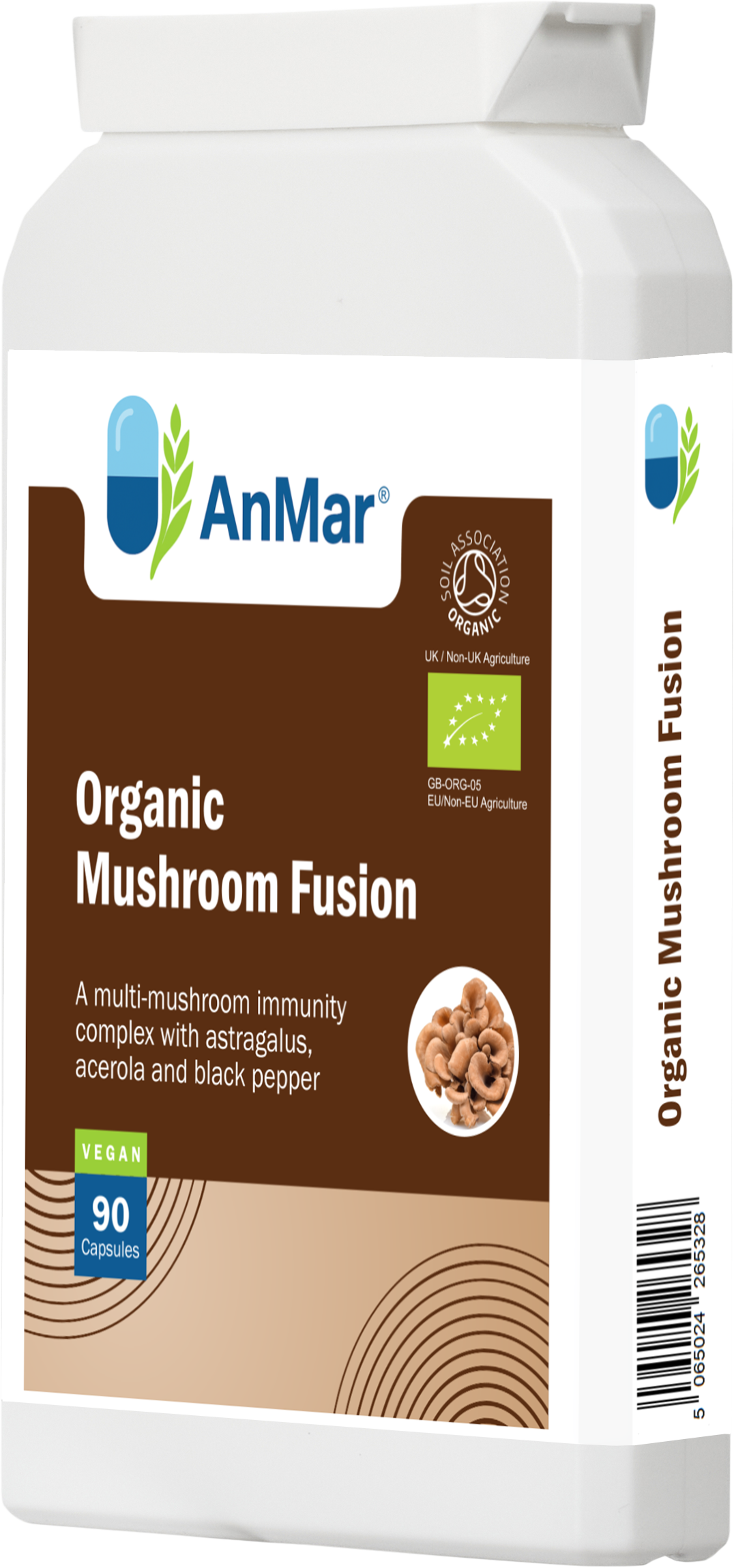 Right-angled view of AnMar™ Organic Mushroom Fusion supplement bottle with 90 vegan capsules, displaying Soil Association organic certification, featuring a blend of mushrooms, astragalus, acerola, and black pepper.