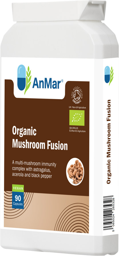 Right-angled view of AnMar™ Organic Mushroom Fusion supplement bottle with 90 vegan capsules, displaying Soil Association organic certification, featuring a blend of mushrooms, astragalus, acerola, and black pepper.