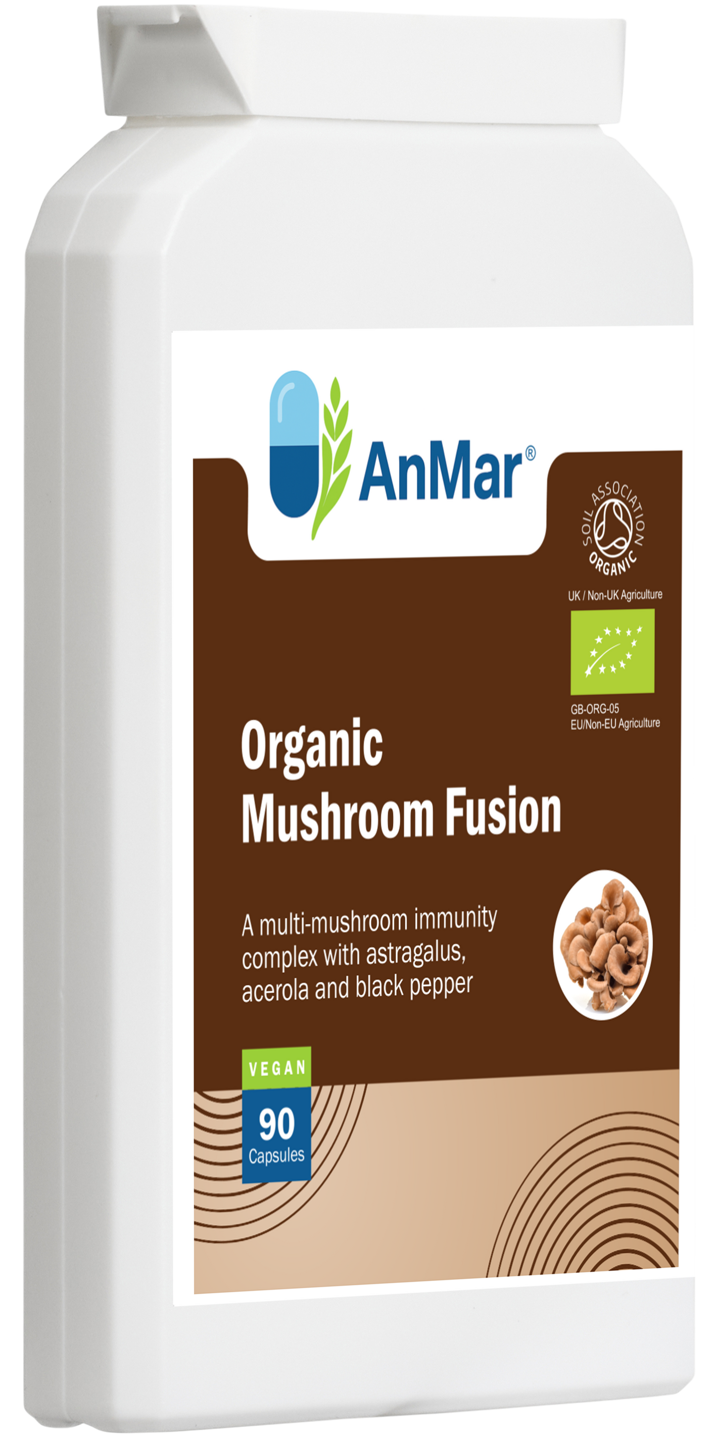 Left-angled view of AnMar™ Organic Mushroom Fusion bottle containing 90 vegan capsules. Features a blue and light green label with Soil Association organic certification and key ingredients including mushrooms, astragalus, acerola, and black pepper.