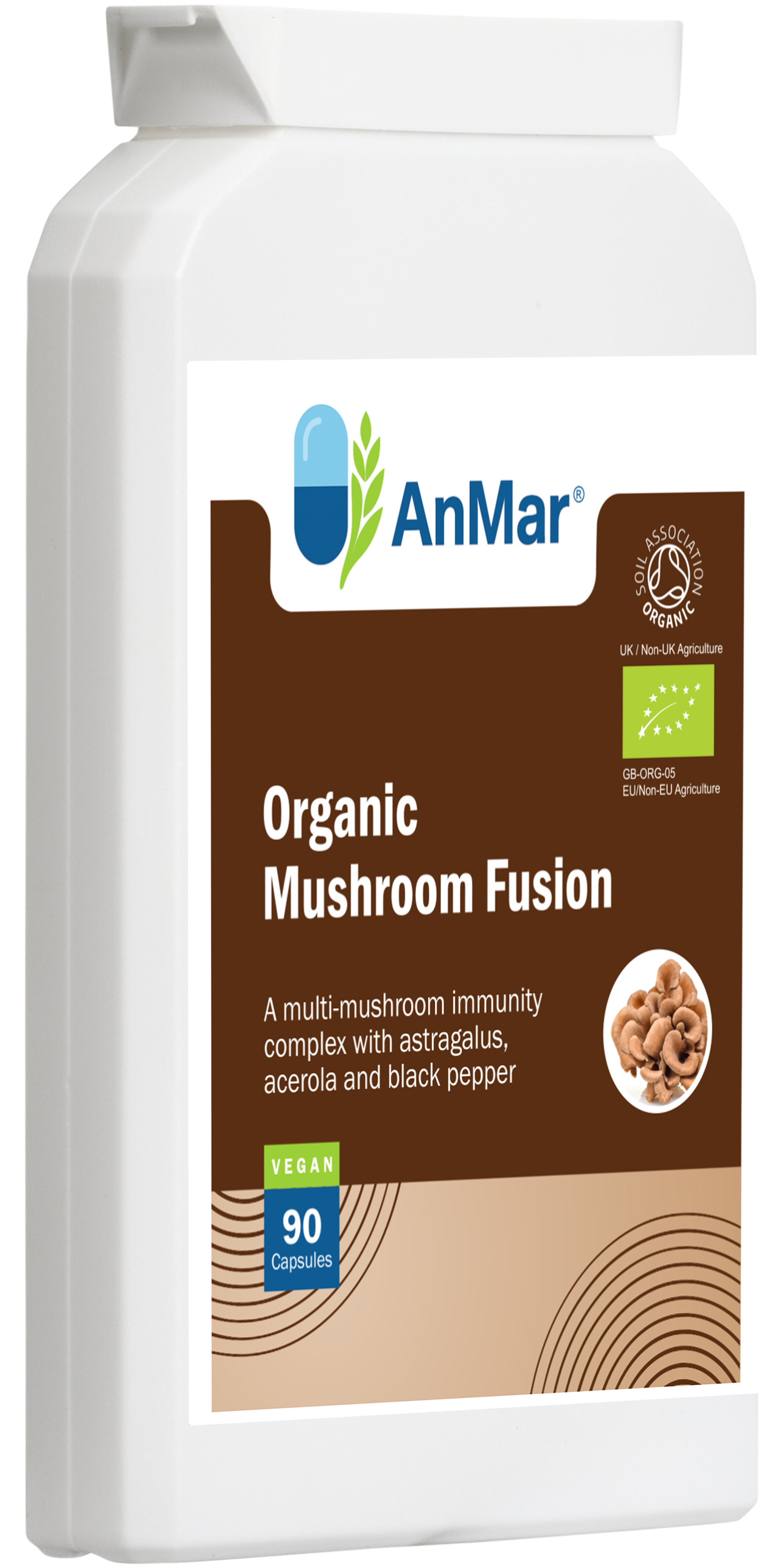 Left-angled view of AnMar™ Organic Mushroom Fusion bottle containing 90 vegan capsules. Features a blue and light green label with Soil Association organic certification and key ingredients including mushrooms, astragalus, acerola, and black pepper.