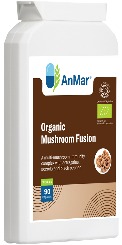 Left-angled view of AnMar™ Organic Mushroom Fusion bottle containing 90 vegan capsules. Features a blue and light green label with Soil Association organic certification and key ingredients including mushrooms, astragalus, acerola, and black pepper.