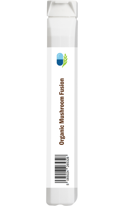 Side view of AnMar™ Organic Mushroom Fusion supplement bottle showing product barcode and slim profile packaging.