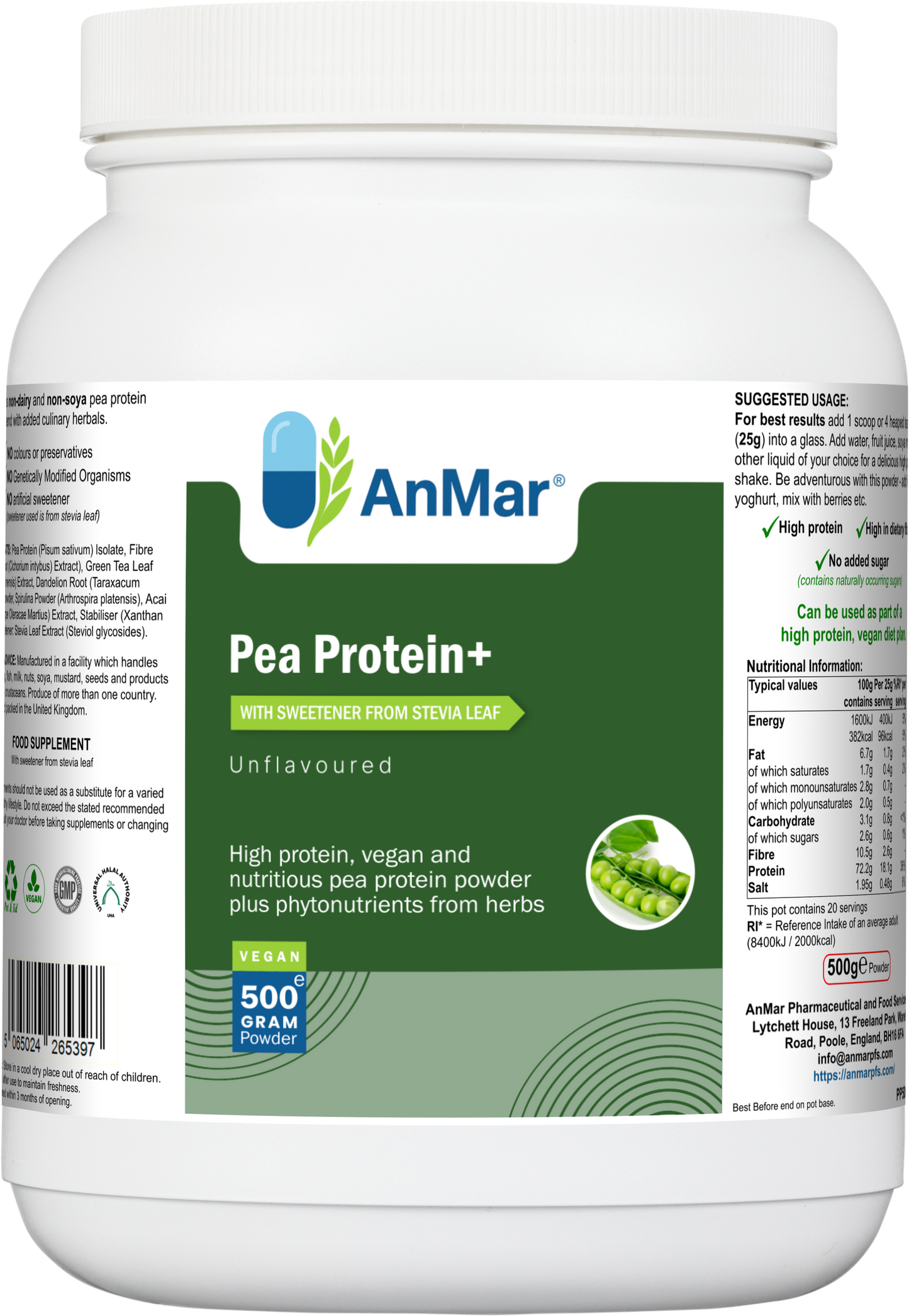 Front and side label of AnMar™ Pea Protein+ showing product title, unflavoured pea protein blend, and nutritional panel for vegan high-protein supplement.