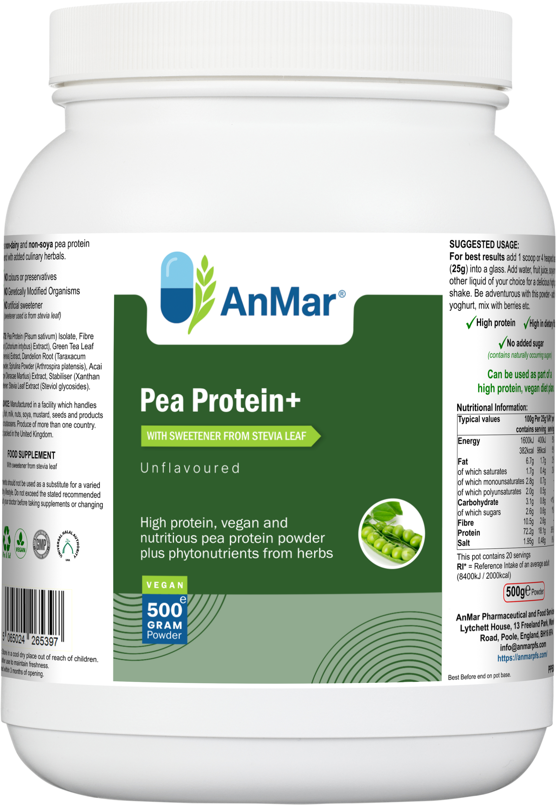 Front and side label of AnMar™ Pea Protein+ showing product title, unflavoured pea protein blend, and nutritional panel for vegan high-protein supplement.