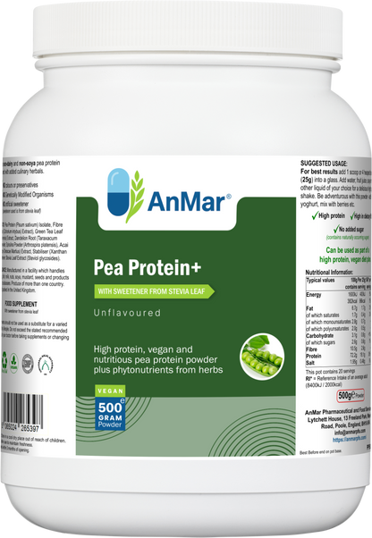 Front and side label of AnMar™ Pea Protein+ showing product title, unflavoured pea protein blend, and nutritional panel for vegan high-protein supplement.