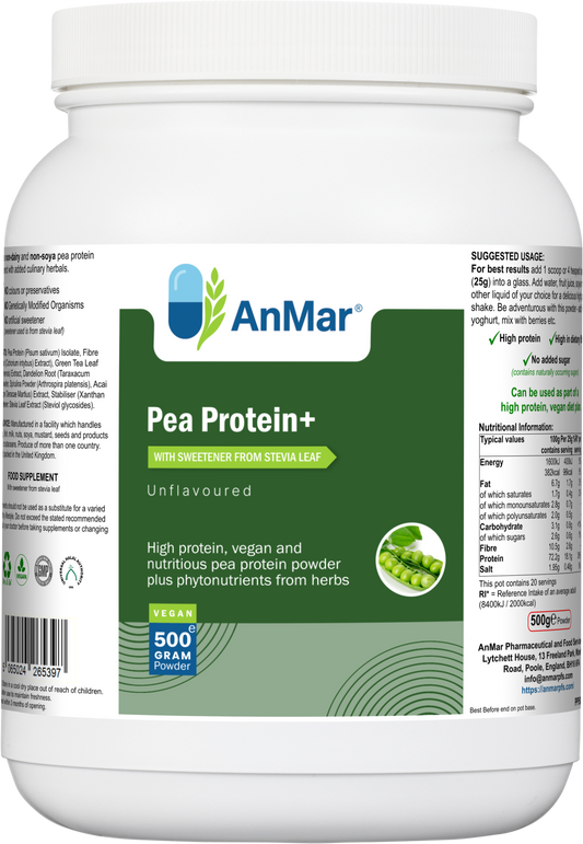 Front and side label of AnMar™ Pea Protein+ showing product title, unflavoured pea protein blend, and nutritional panel for vegan high-protein supplement.