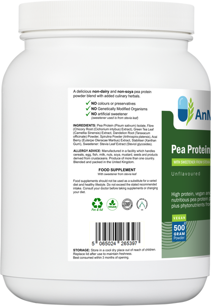 Back label of AnMar™ Pea Protein+ 500g tub showing ingredients, allergy advice, usage directions, certifications, and barcode.