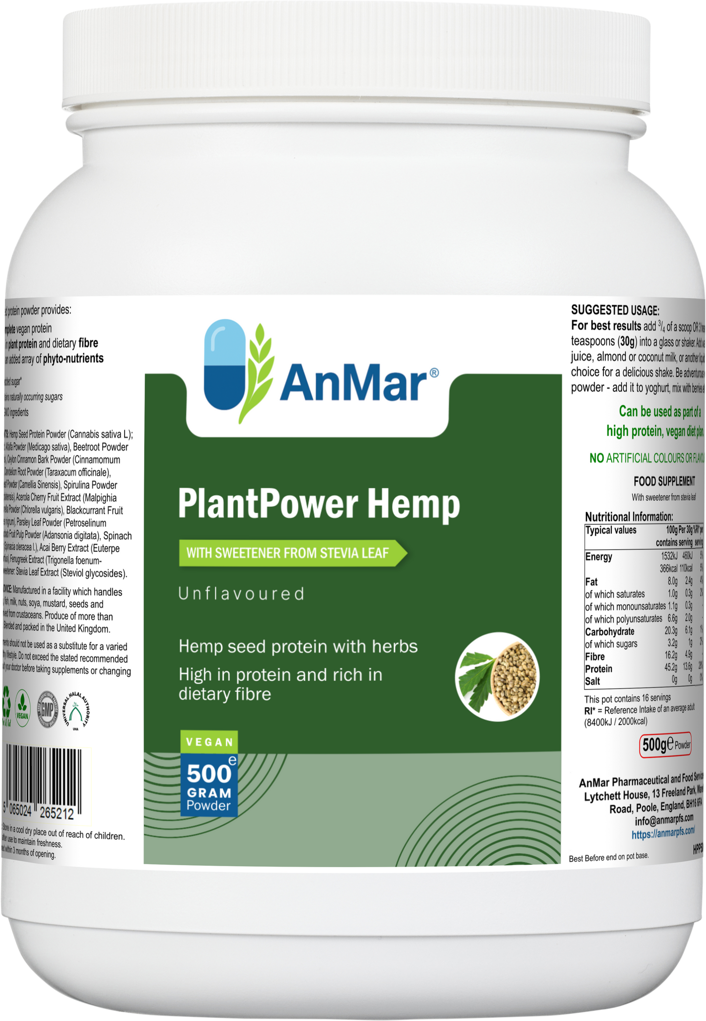 Front label of AnMar™ PlantPower Hemp 500g tub, showing hemp seed protein powder with herbs, vegan and fibre-rich formula.