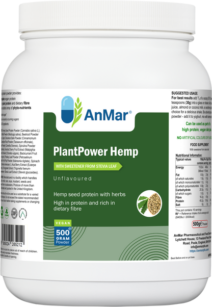 Front label of AnMar™ PlantPower Hemp 500g tub, showing hemp seed protein powder with herbs, vegan and fibre-rich formula.