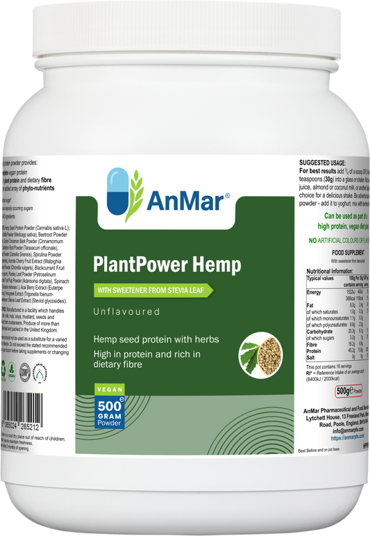 Front label of AnMar™ PlantPower Hemp 500g tub, showing hemp seed protein powder with herbs, vegan and fibre-rich formula.