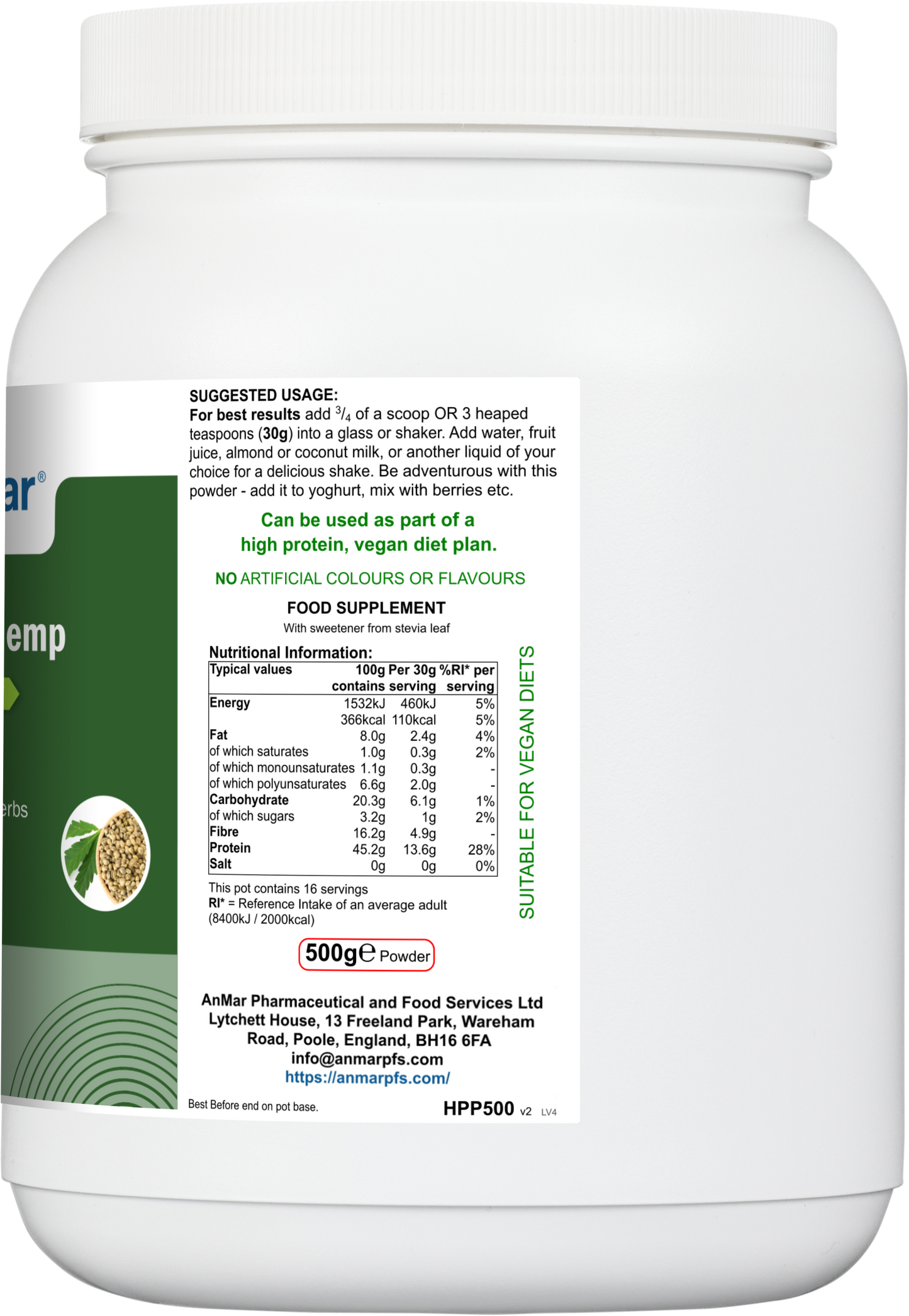 Right side of AnMar™ PlantPower Hemp 500g tub displaying nutritional values, usage instructions, and product suitability for vegan diets.