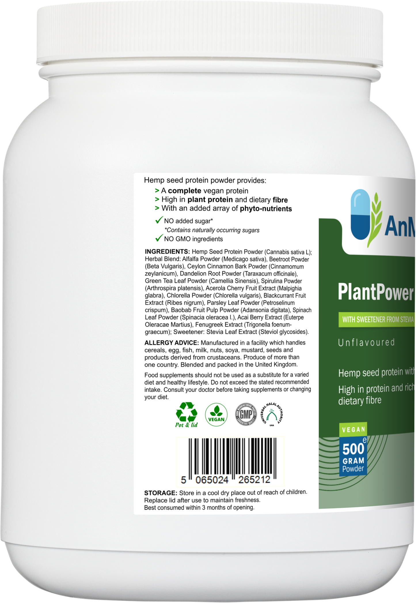 Left side of AnMar™ PlantPower Hemp 500g tub showing ingredients list, nutritional claims, and barcode.