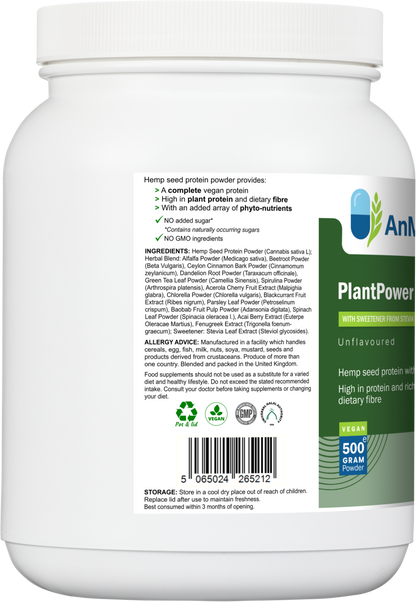 Left side of AnMar™ PlantPower Hemp 500g tub showing ingredients list, nutritional claims, and barcode.