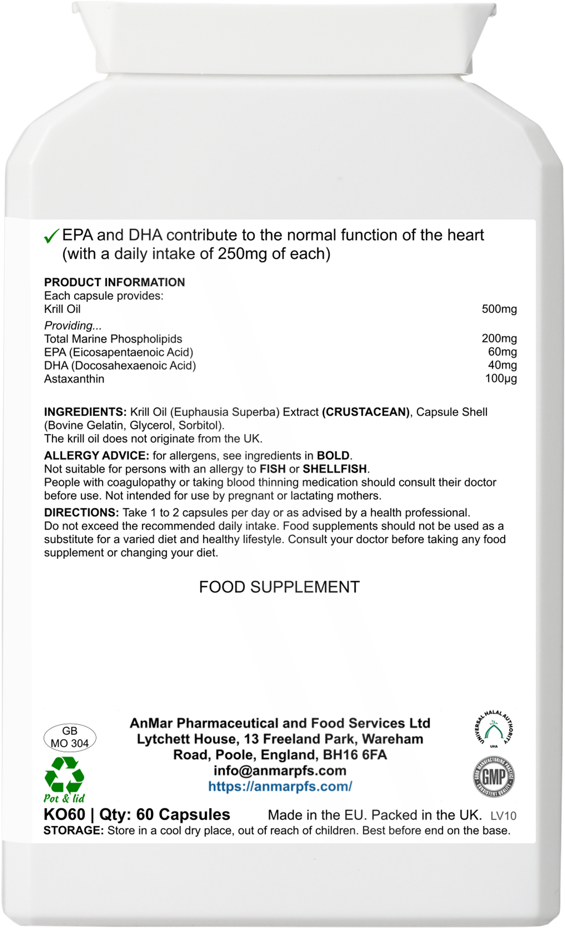 Back label of AnMar™ PolarPure™ Krill Oil 500mg bottle showing ingredients, nutritional values for EPA, DHA, phospholipids, and astaxanthin, plus dosage and allergy information.