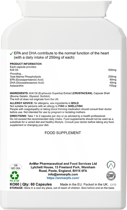 Back label of AnMar™ PolarPure™ Krill Oil 500mg bottle showing ingredients, nutritional values for EPA, DHA, phospholipids, and astaxanthin, plus dosage and allergy information.