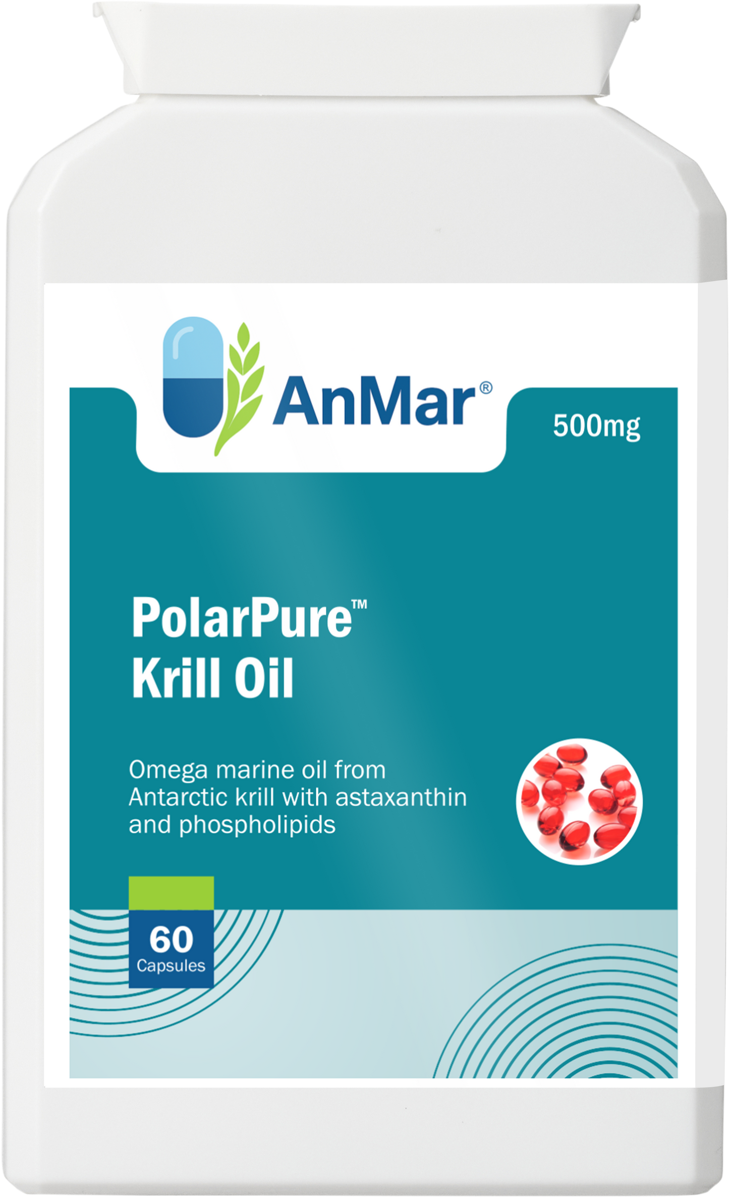 Front view of AnMar® PolarPure™ Krill Oil 500mg supplement bottle with 60 capsules, highlighting Antarctic krill oil, astaxanthin, and phospholipids.