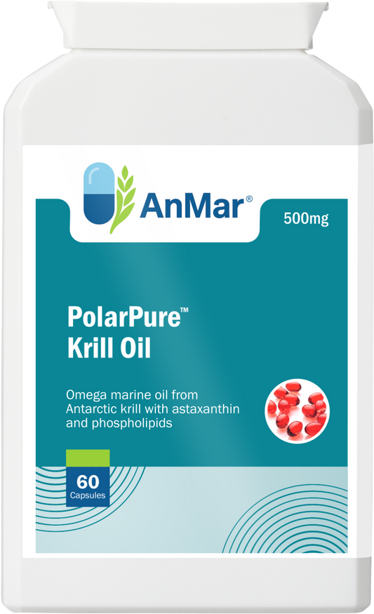 Front view of AnMar® PolarPure™ Krill Oil 500mg supplement bottle with 60 capsules, highlighting Antarctic krill oil, astaxanthin, and phospholipids.