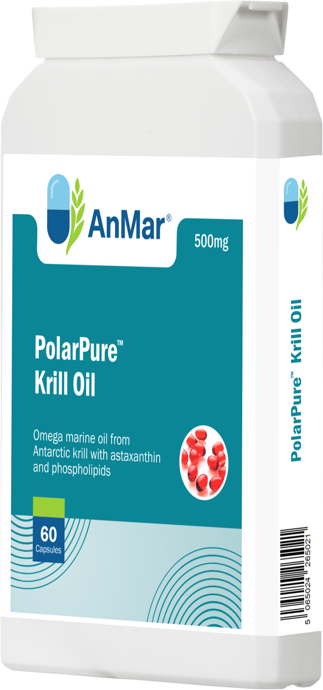 Angled right-side view of AnMar™ PolarPure™ Krill Oil 500mg bottle with omega marine oil from Antarctic krill, astaxanthin, and phospholipids.