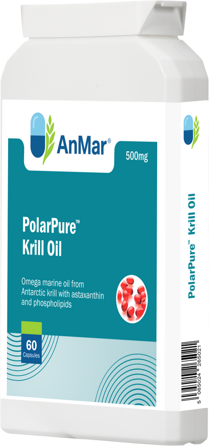 Angled right-side view of AnMar™ PolarPure™ Krill Oil 500mg bottle with omega marine oil from Antarctic krill, astaxanthin, and phospholipids.