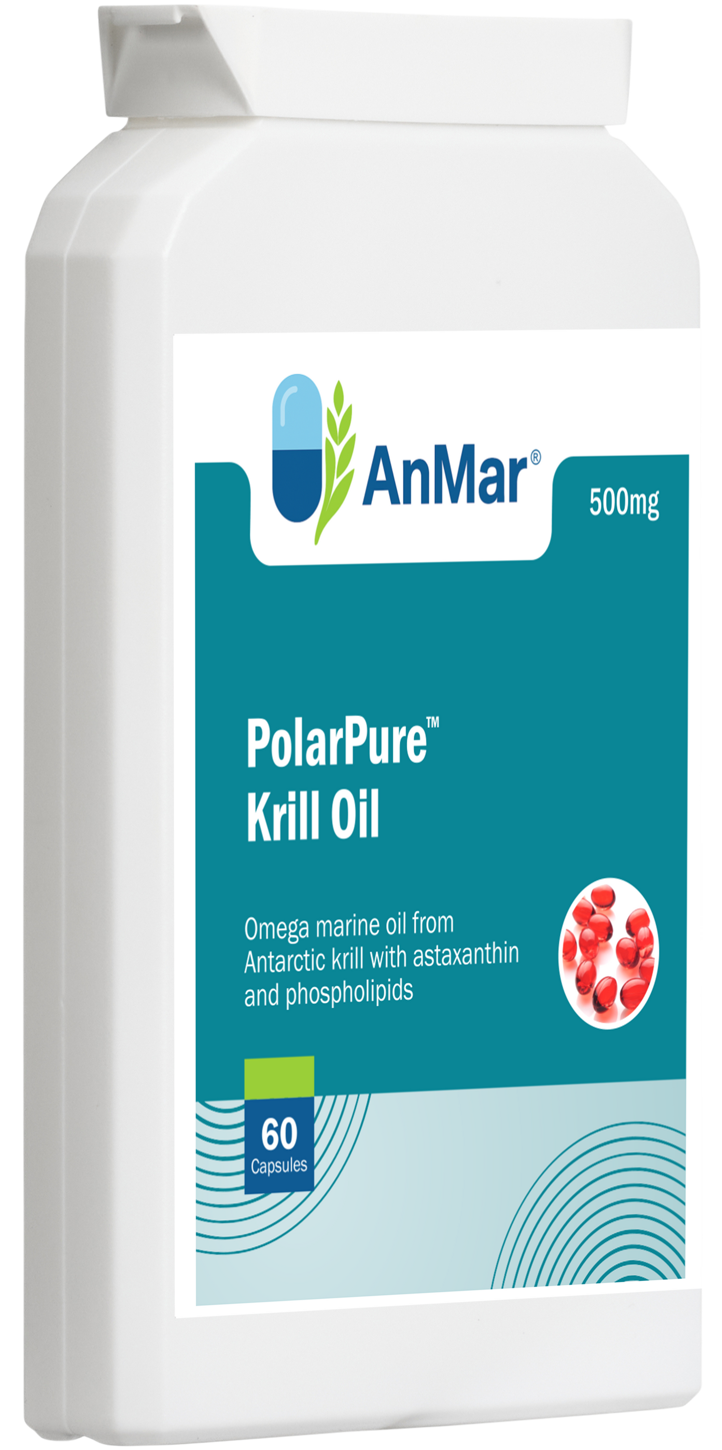 Angled left-side view of AnMar™ PolarPure™ Krill Oil 500mg bottle showing omega marine oil from Antarctic krill with astaxanthin and phospholipids.