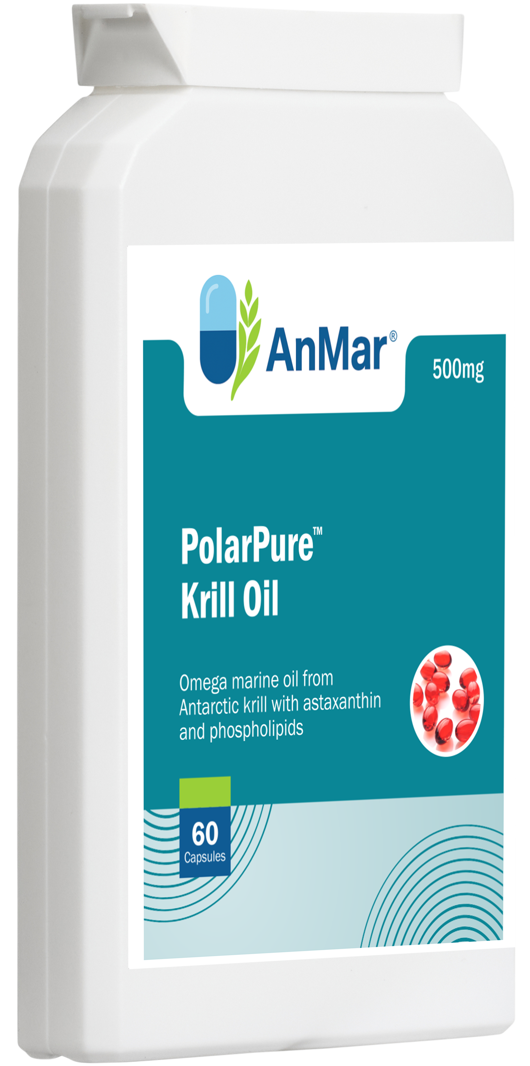 Angled left-side view of AnMar™ PolarPure™ Krill Oil 500mg bottle showing omega marine oil from Antarctic krill with astaxanthin and phospholipids.