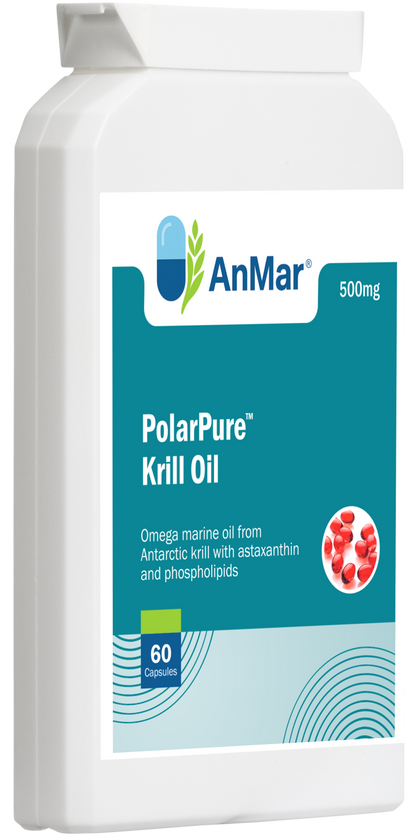 Angled left-side view of AnMar™ PolarPure™ Krill Oil 500mg bottle showing omega marine oil from Antarctic krill with astaxanthin and phospholipids.