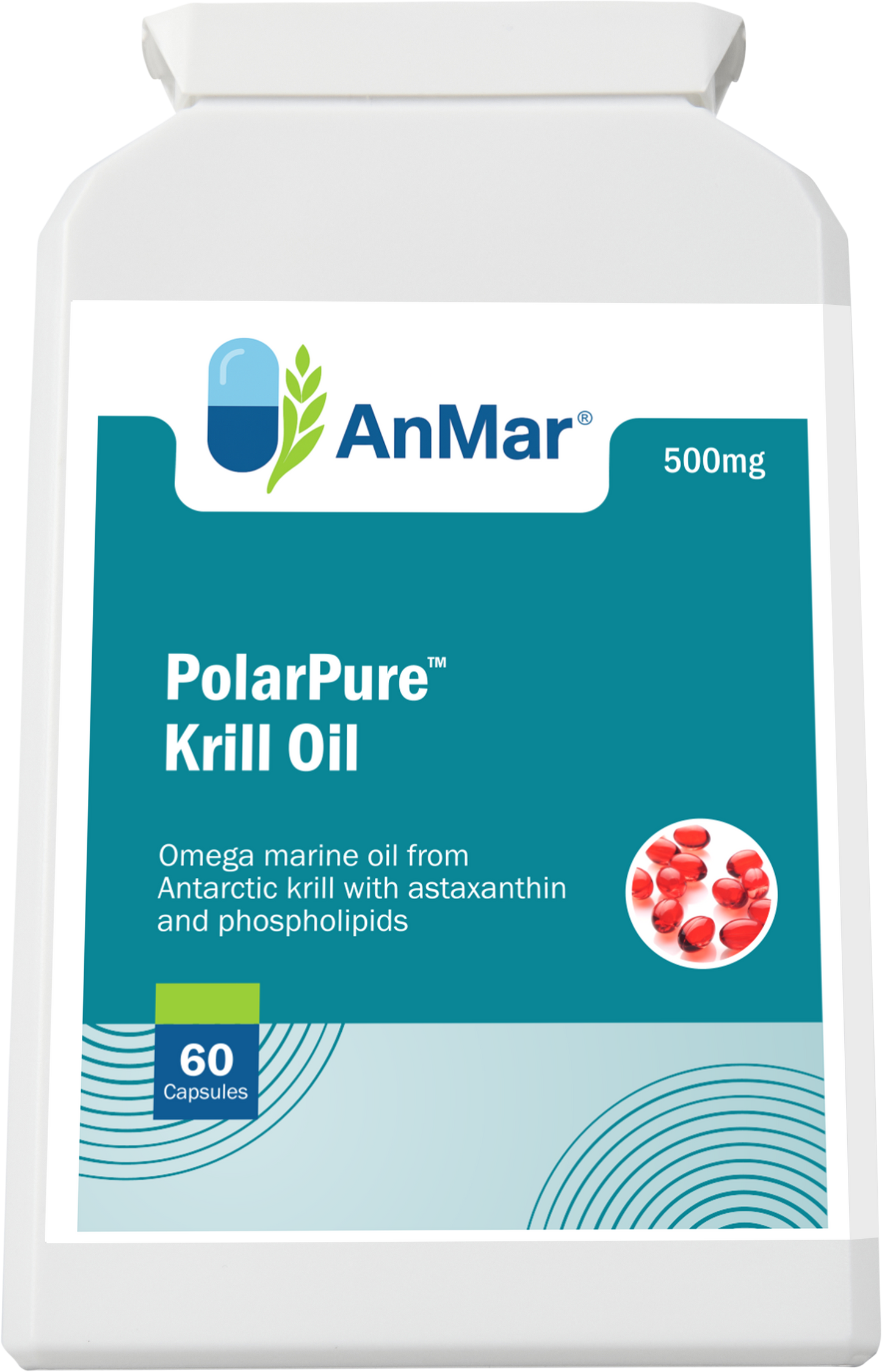 Front-facing upright view of AnMar™ PolarPure™ Krill Oil 500mg bottle highlighting omega marine oil from Antarctic krill with astaxanthin and phospholipids.
