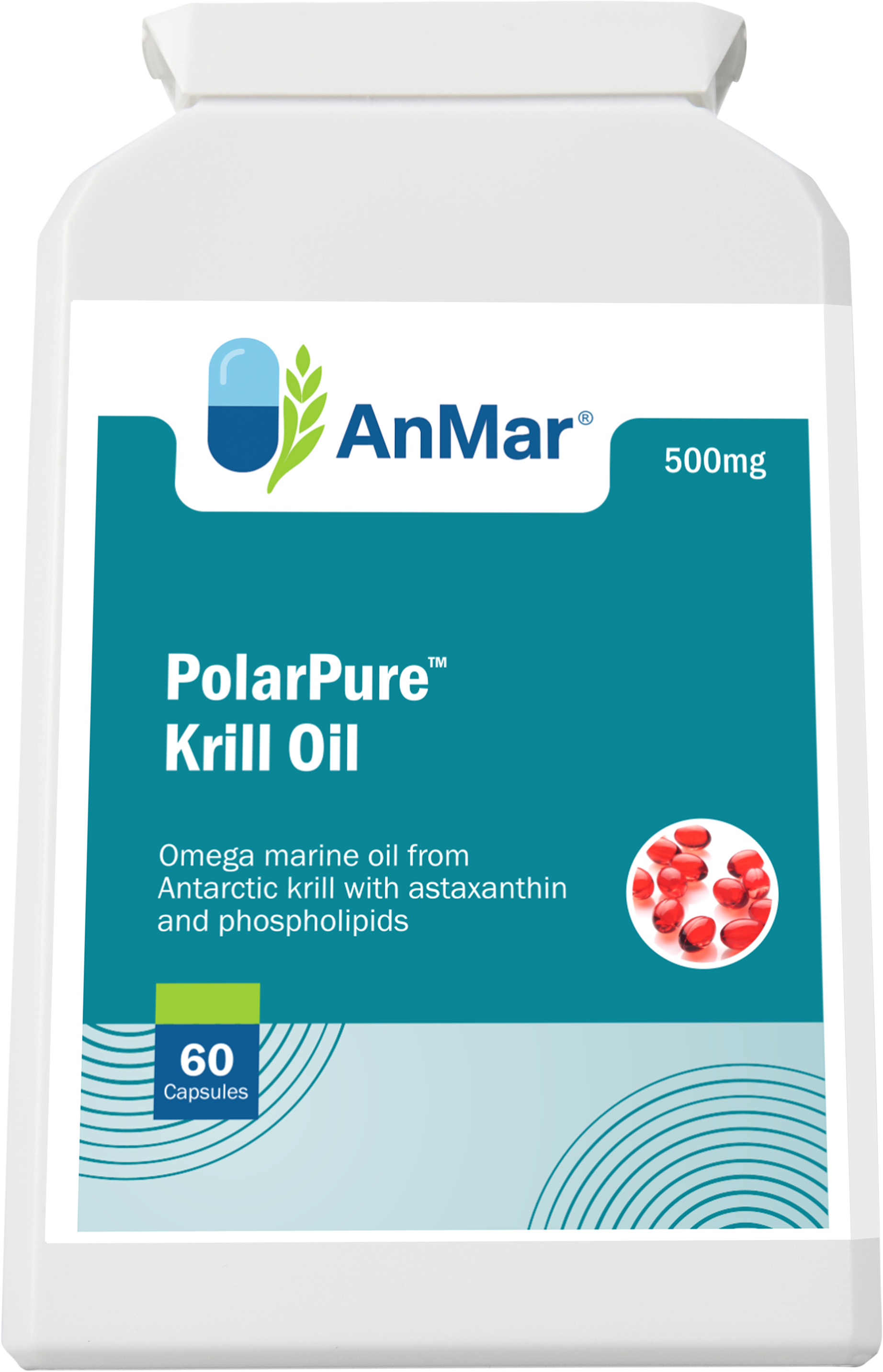 Front-facing upright view of AnMar™ PolarPure™ Krill Oil 500mg bottle highlighting omega marine oil from Antarctic krill with astaxanthin and phospholipids.