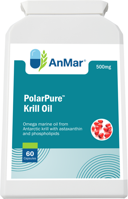 Front-facing upright view of AnMar™ PolarPure™ Krill Oil 500mg bottle highlighting omega marine oil from Antarctic krill with astaxanthin and phospholipids.