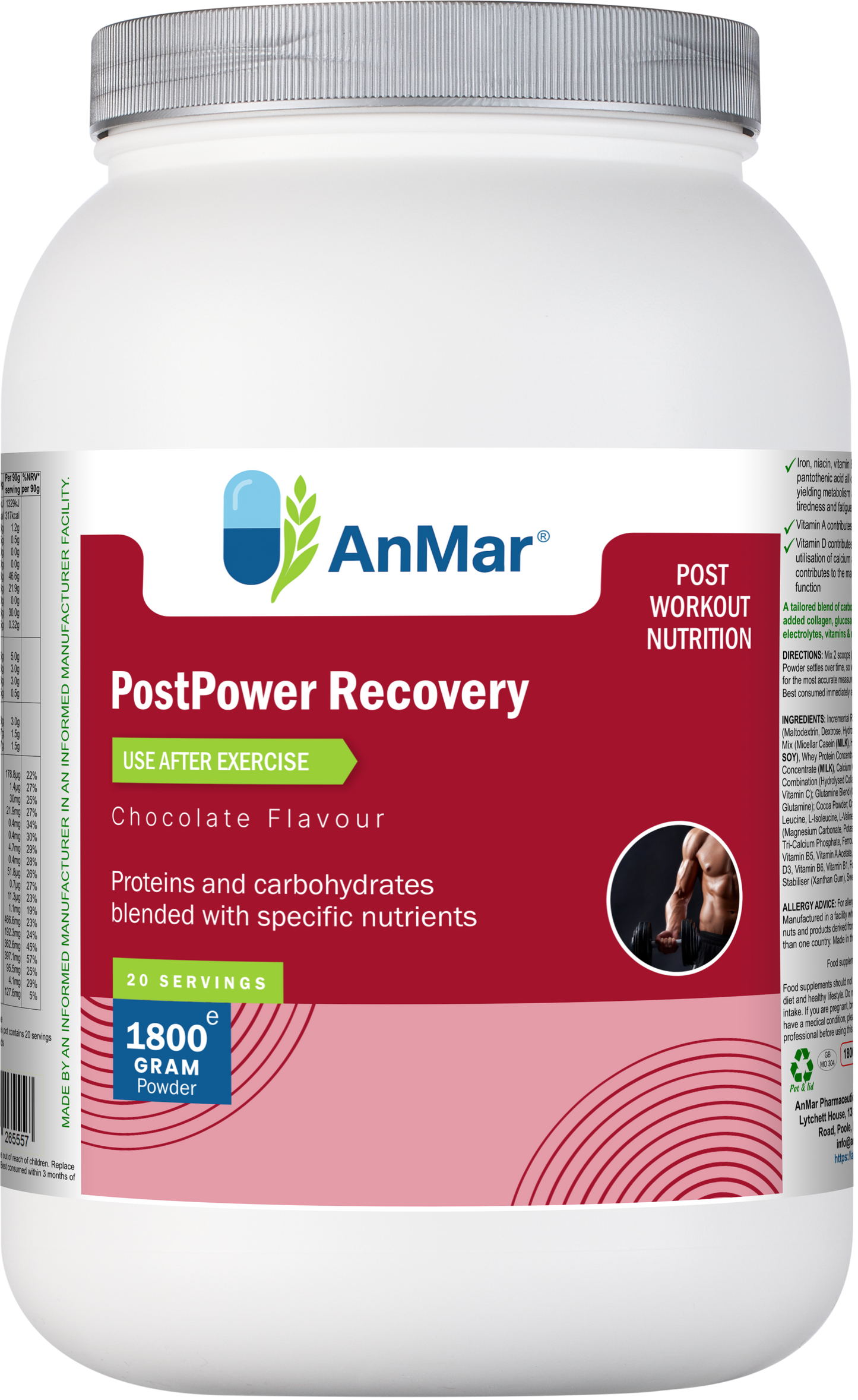 Front view of AnMar™ PostPower Recovery chocolate flavour protein and carbohydrate blend for post-workout nutrition in 1800g tub.