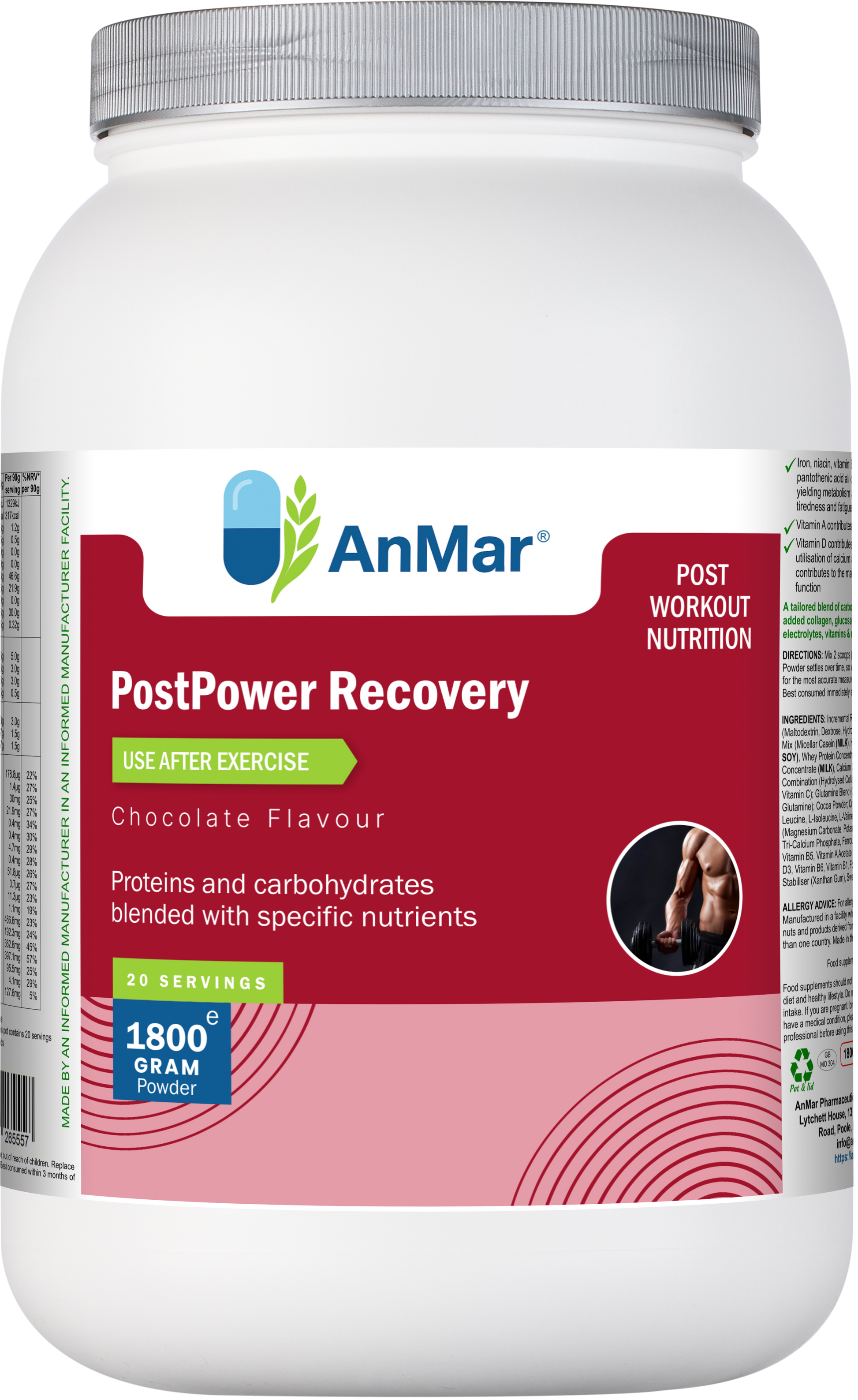 Front view of AnMar™ PostPower Recovery chocolate flavour protein and carbohydrate blend for post-workout nutrition in 1800g tub.