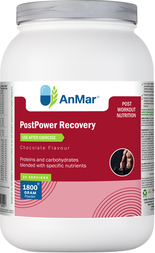 Front view of AnMar™ PostPower Recovery chocolate flavour protein and carbohydrate blend for post-workout nutrition in 1800g tub.