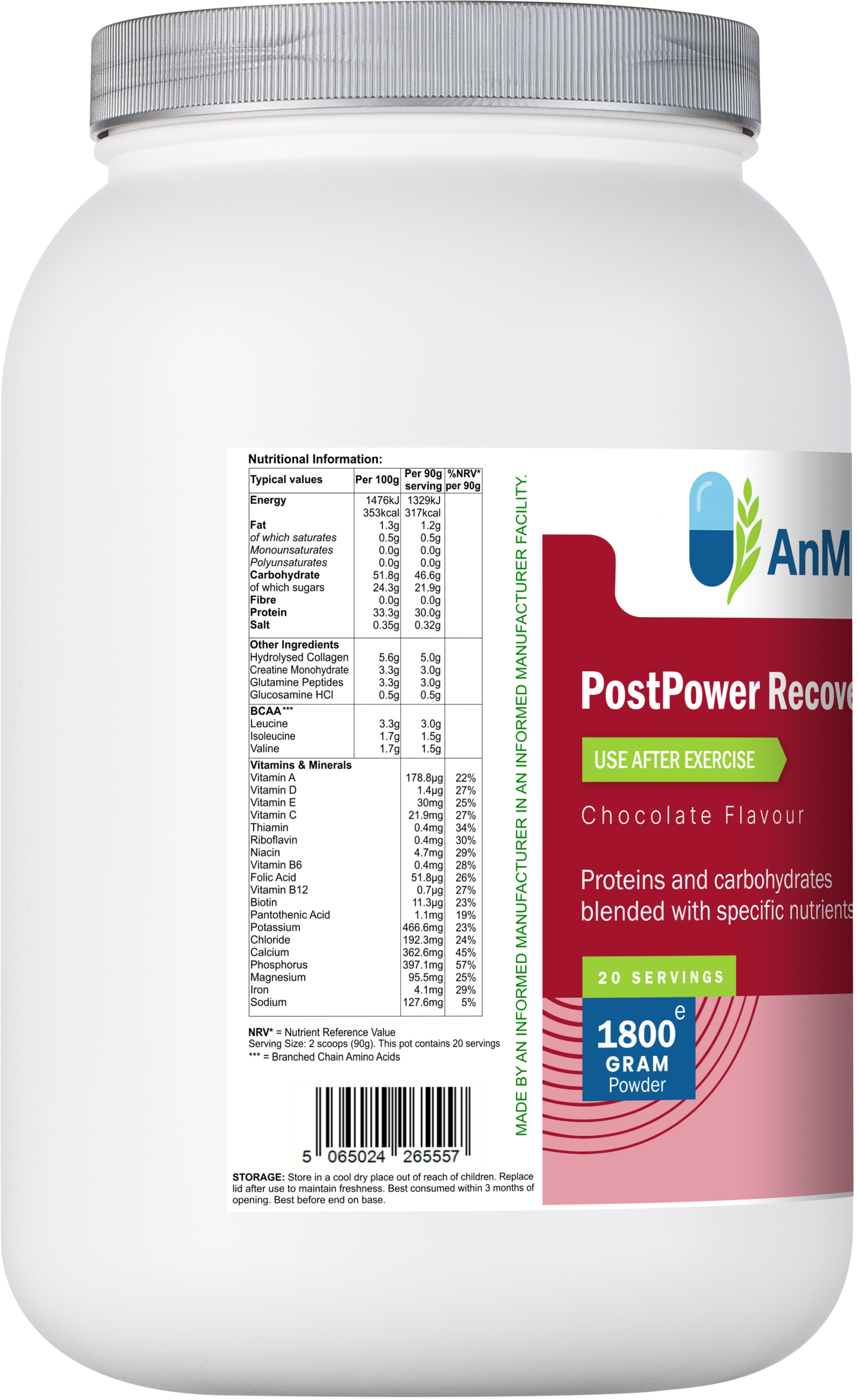 Side view of AnMar™ PostPower Recovery chocolate flavour showing full nutritional breakdown, vitamins, minerals, and BCAA content.