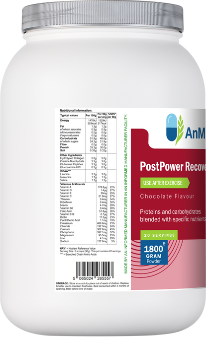 Side view of AnMar™ PostPower Recovery chocolate flavour showing full nutritional breakdown, vitamins, minerals, and BCAA content.