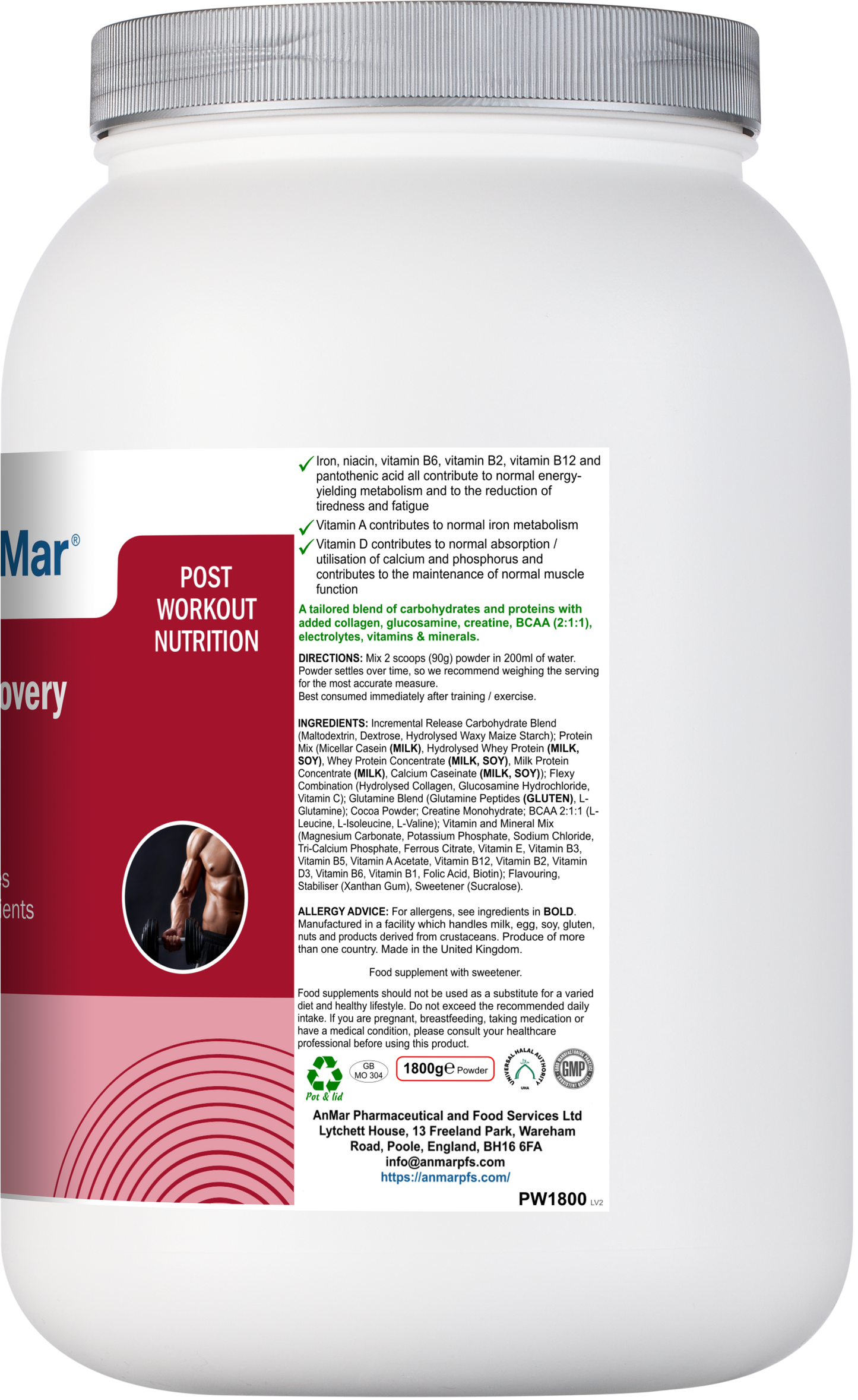 Back label of AnMar™ PostPower Recovery chocolate flavour showing ingredients, directions, BCAA content, and nutritional claims.
