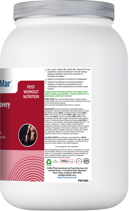 Back label of AnMar™ PostPower Recovery chocolate flavour showing ingredients, directions, BCAA content, and nutritional claims.