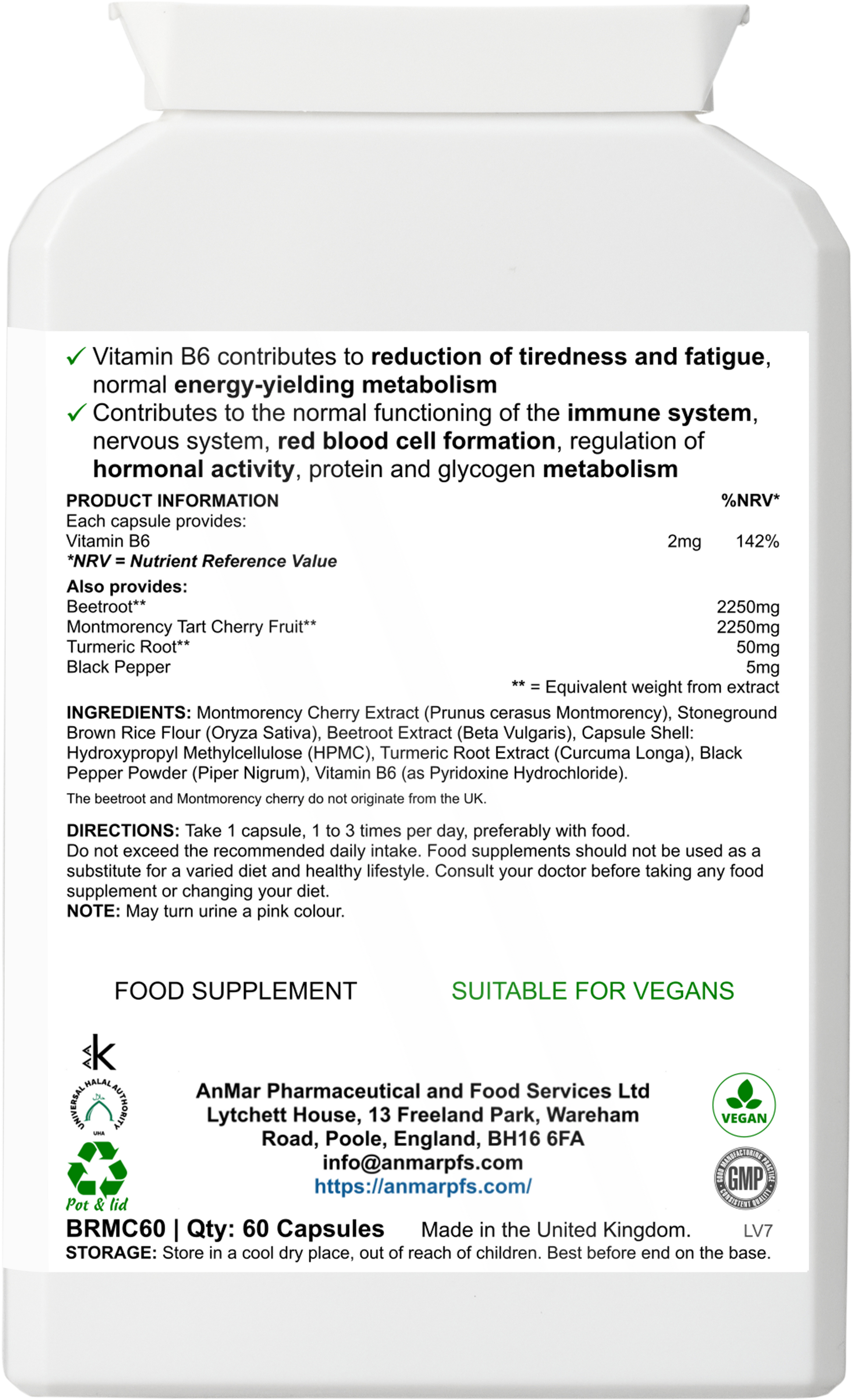 Back label of AnMar™ Red Root Harmony supplement showing ingredients including montmorency cherry extract, beetroot extract, turmeric root, black pepper, vitamin B6, and directions for use. Suitable for vegans, 60 capsules.