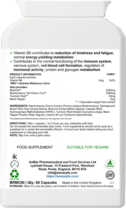 Back label of AnMar™ Red Root Harmony supplement showing ingredients including montmorency cherry extract, beetroot extract, turmeric root, black pepper, vitamin B6, and directions for use. Suitable for vegans, 60 capsules.