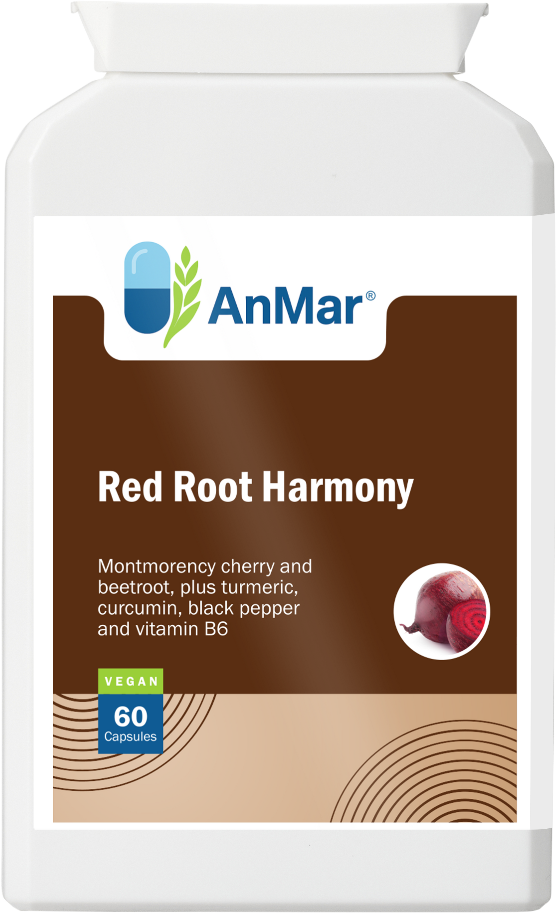 Front label of AnMar™ Red Root Harmony supplement bottle featuring montmorency cherry, beetroot, turmeric, curcumin, black pepper, and vitamin B6. Vegan, 60 capsules.