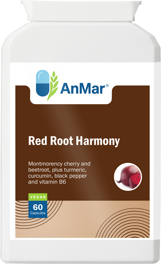 Front label of AnMar™ Red Root Harmony supplement bottle featuring montmorency cherry, beetroot, turmeric, curcumin, black pepper, and vitamin B6. Vegan, 60 capsules.