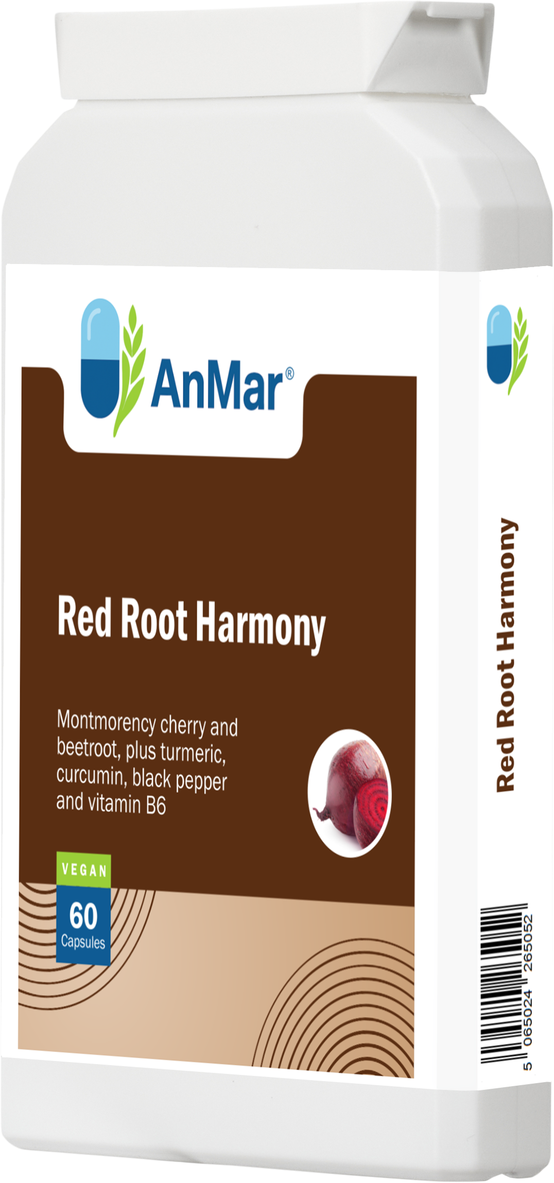 Front right view of AnMar™ Red Root Harmony dietary supplement bottle featuring montmorency cherry, beetroot, turmeric, curcumin, black pepper, and vitamin B6 in a 60 capsule vegan formula.