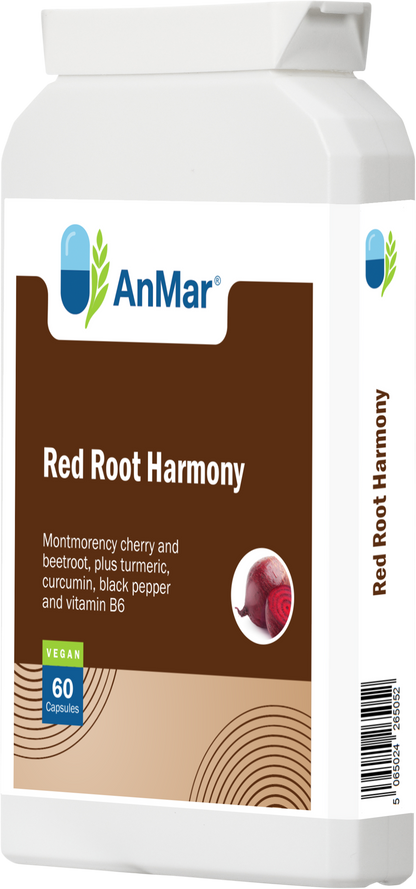 Front right view of AnMar™ Red Root Harmony dietary supplement bottle featuring montmorency cherry, beetroot, turmeric, curcumin, black pepper, and vitamin B6 in a 60 capsule vegan formula.