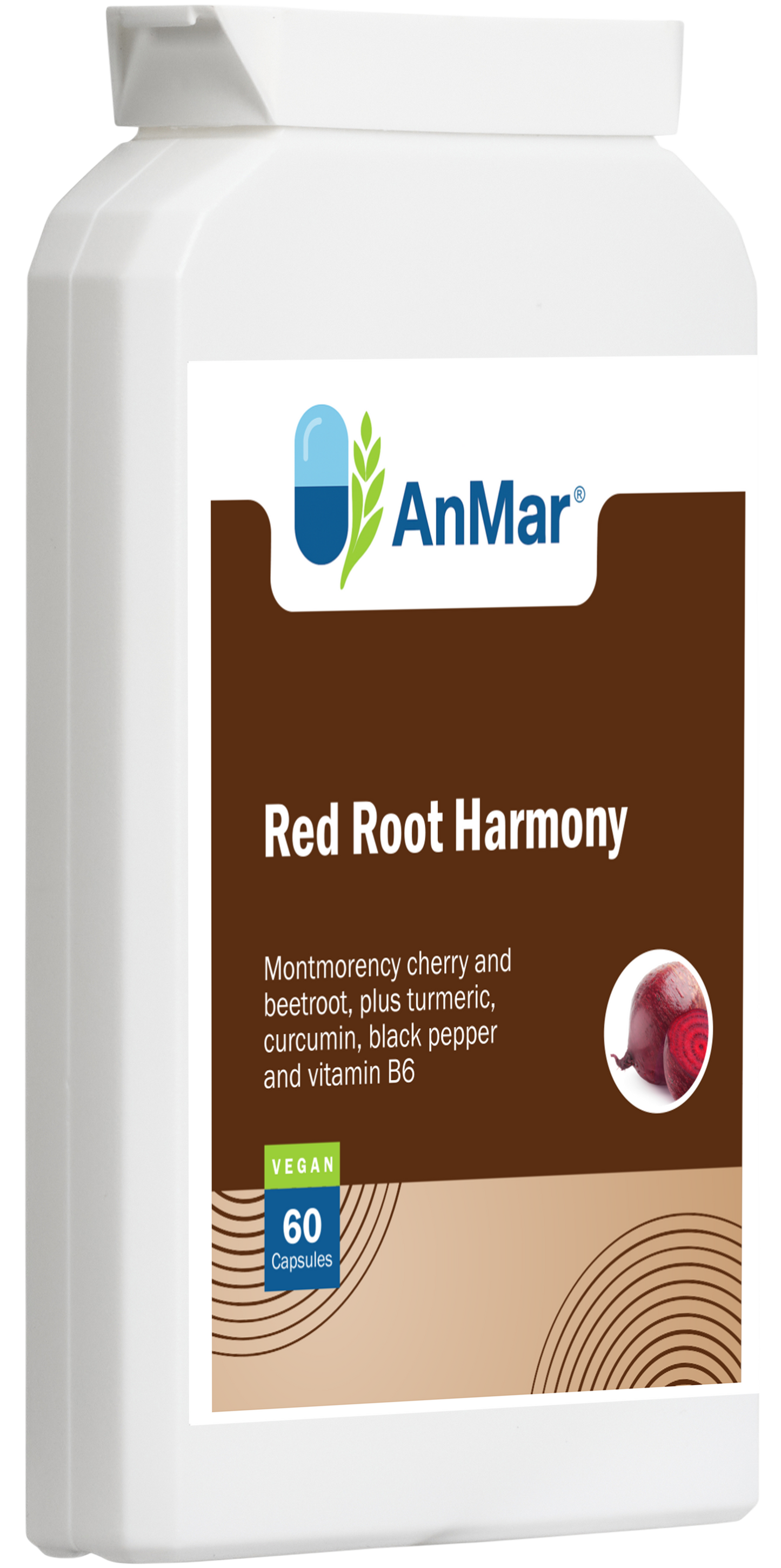 3D angled bottle view of AnMar™ Red Root Harmony dietary supplement featuring montmorency cherry, beetroot, turmeric, curcumin, black pepper, and vitamin B6 in 60 capsules. Vegan formula.