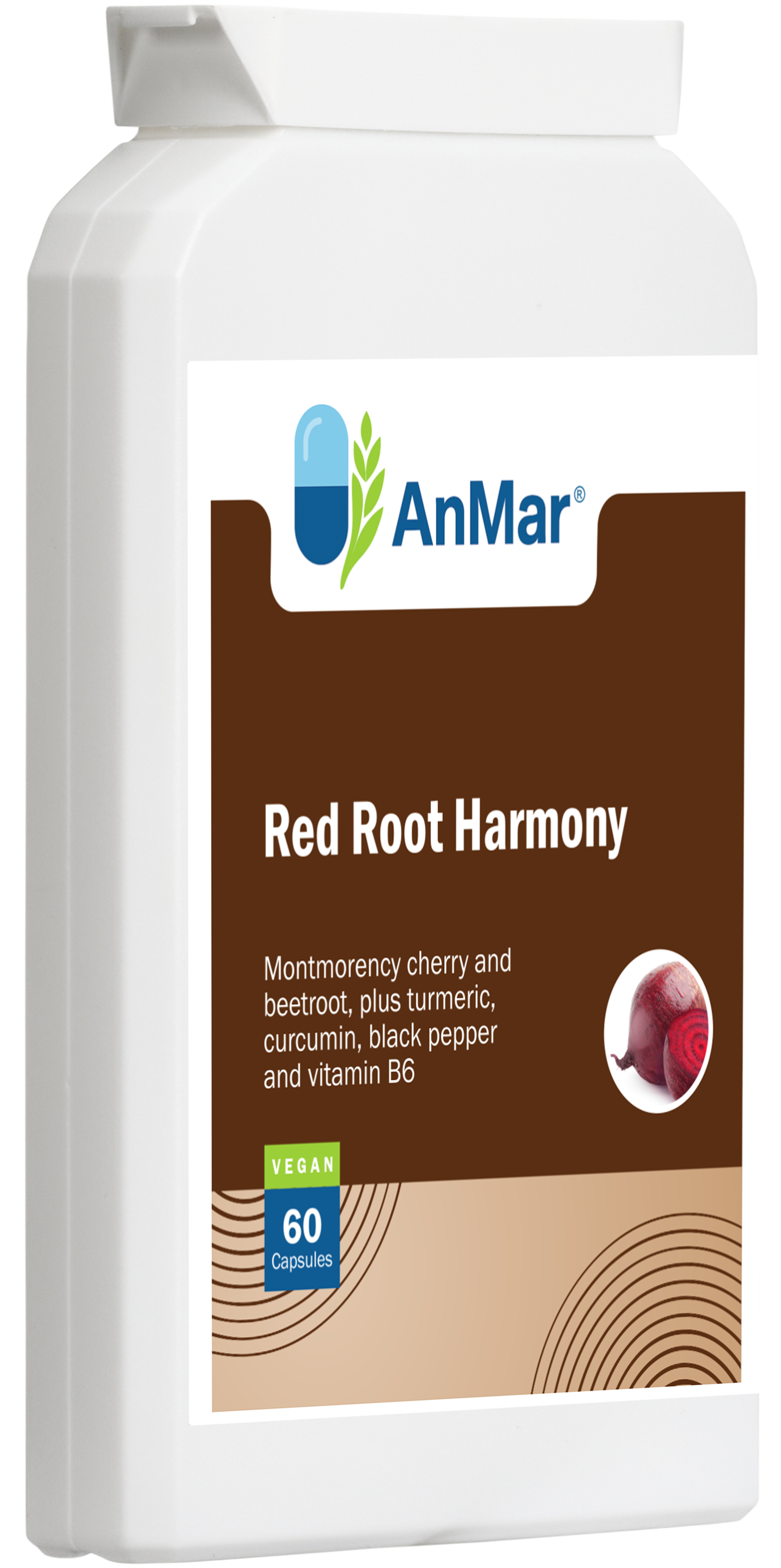 3D angled bottle view of AnMar™ Red Root Harmony dietary supplement featuring montmorency cherry, beetroot, turmeric, curcumin, black pepper, and vitamin B6 in 60 capsules. Vegan formula.