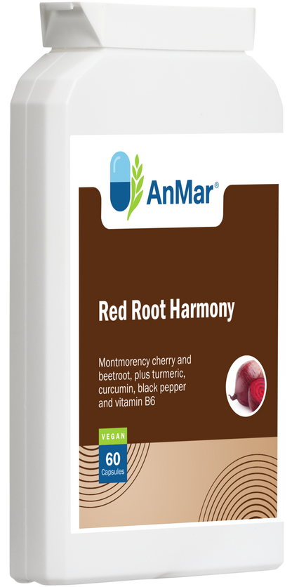 3D angled bottle view of AnMar™ Red Root Harmony dietary supplement featuring montmorency cherry, beetroot, turmeric, curcumin, black pepper, and vitamin B6 in 60 capsules. Vegan formula.