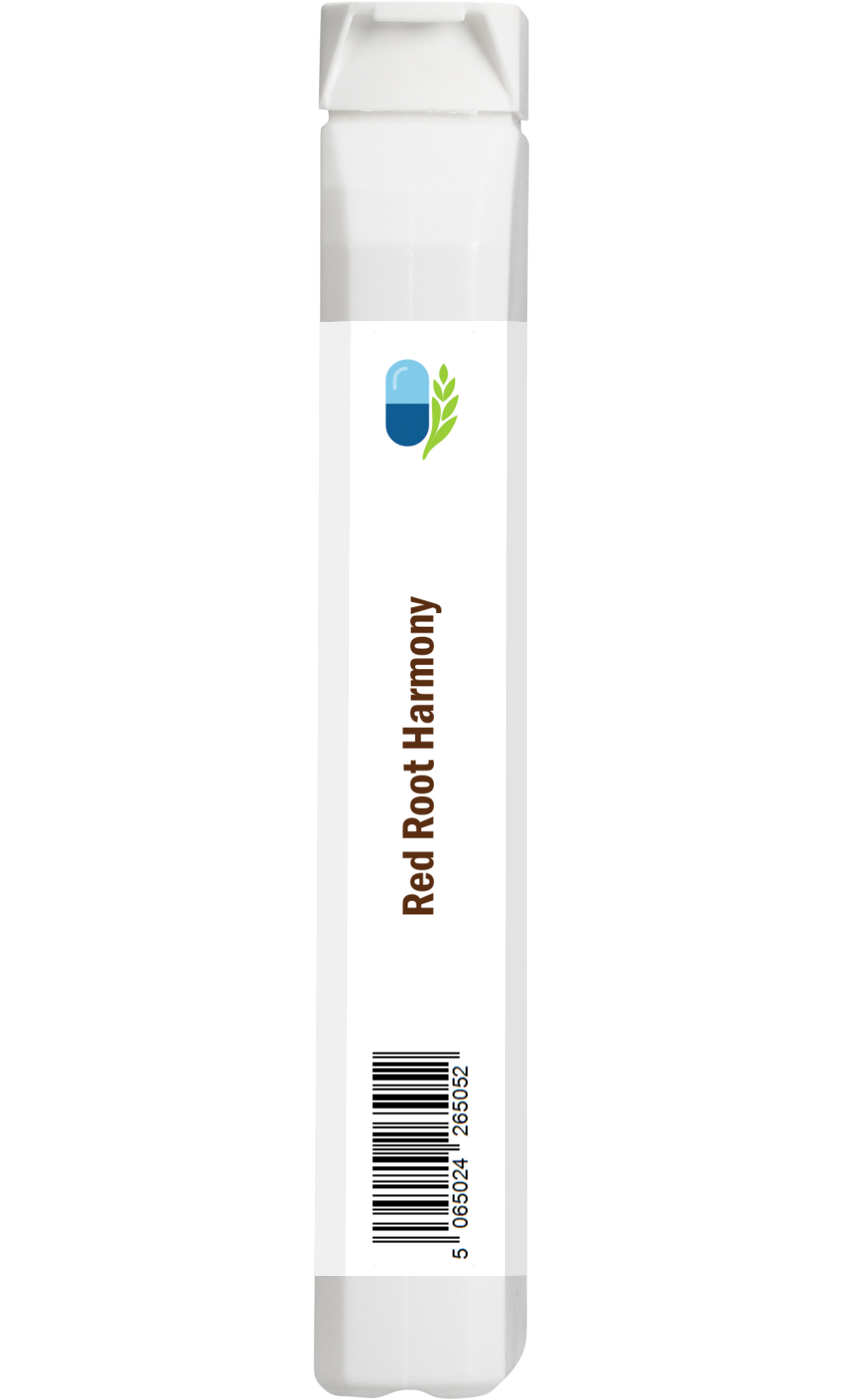 Side view of AnMar™ Red Root Harmony dietary supplement bottle showing barcode. Vegan formula with montmorency cherry, beetroot, turmeric, curcumin, black pepper, and vitamin B6.