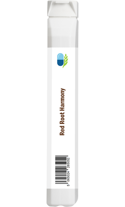 Side view of AnMar™ Red Root Harmony dietary supplement bottle showing barcode. Vegan formula with montmorency cherry, beetroot, turmeric, curcumin, black pepper, and vitamin B6.