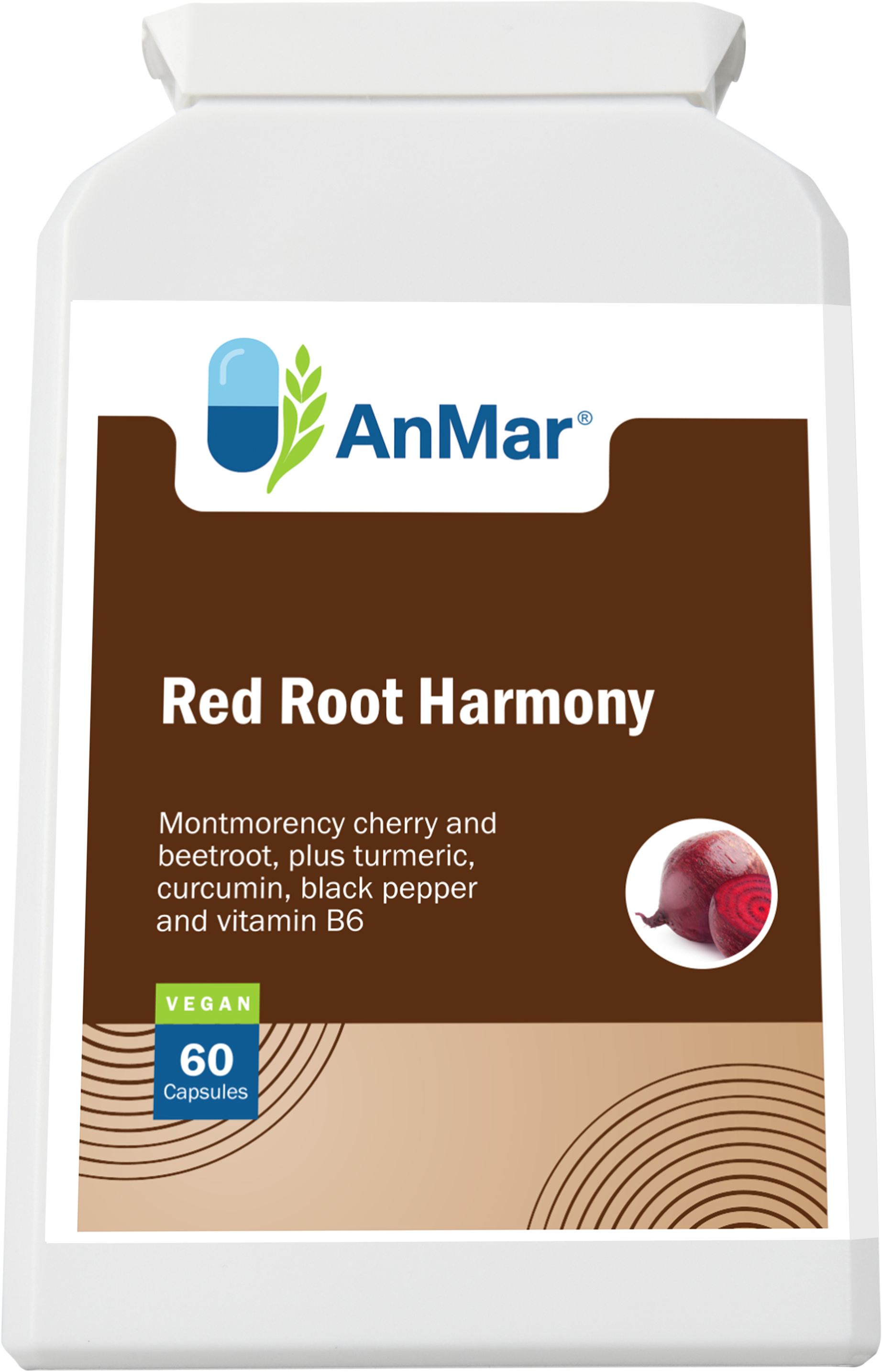 Front label of AnMar™ Red Root Harmony supplement featuring montmorency cherry, beetroot, turmeric, curcumin, black pepper, and vitamin B6. Vegan-friendly formula in 60 capsules.