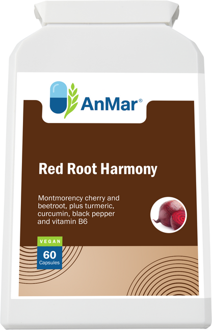 Front label of AnMar™ Red Root Harmony supplement featuring montmorency cherry, beetroot, turmeric, curcumin, black pepper, and vitamin B6. Vegan-friendly formula in 60 capsules.